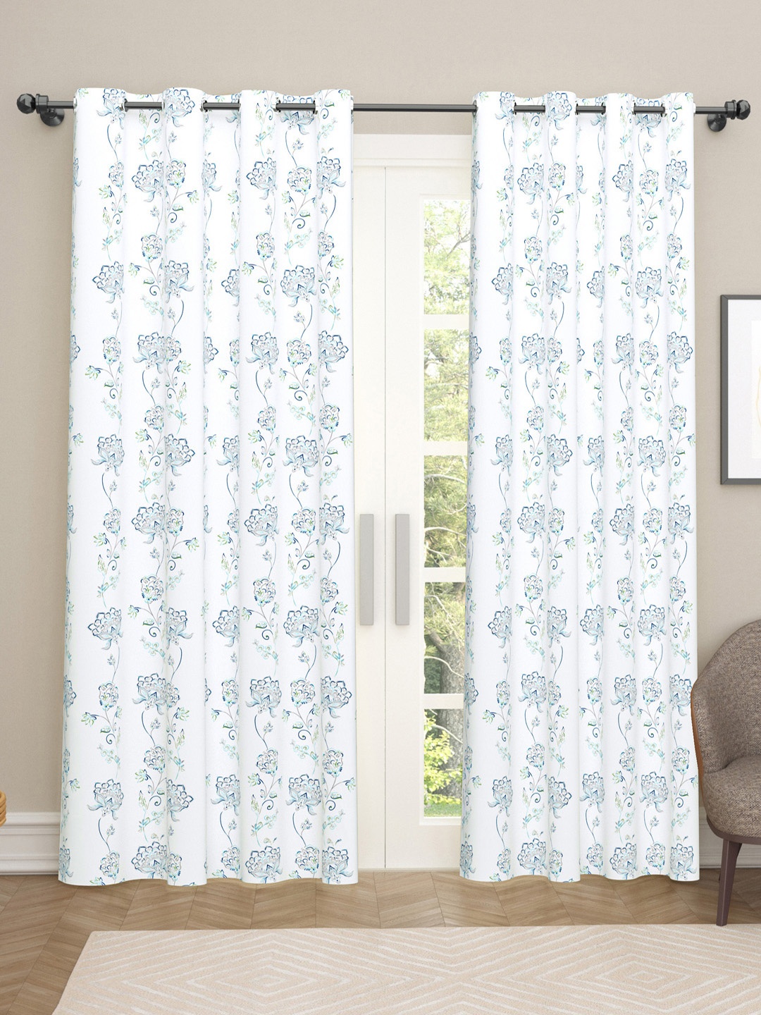 

haus & kinder White & Grey 2 Pieces Floral Printed Cotton Black Out Long Door Curtains