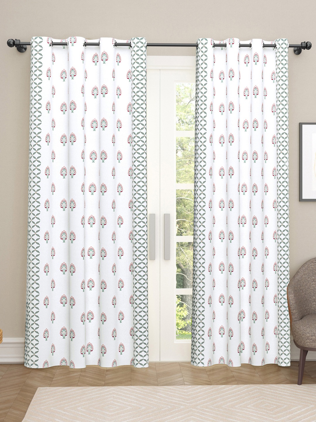 

haus & kinder White & Pink 2 Pieces Floral Printed Room Darkening Long Door Curtains