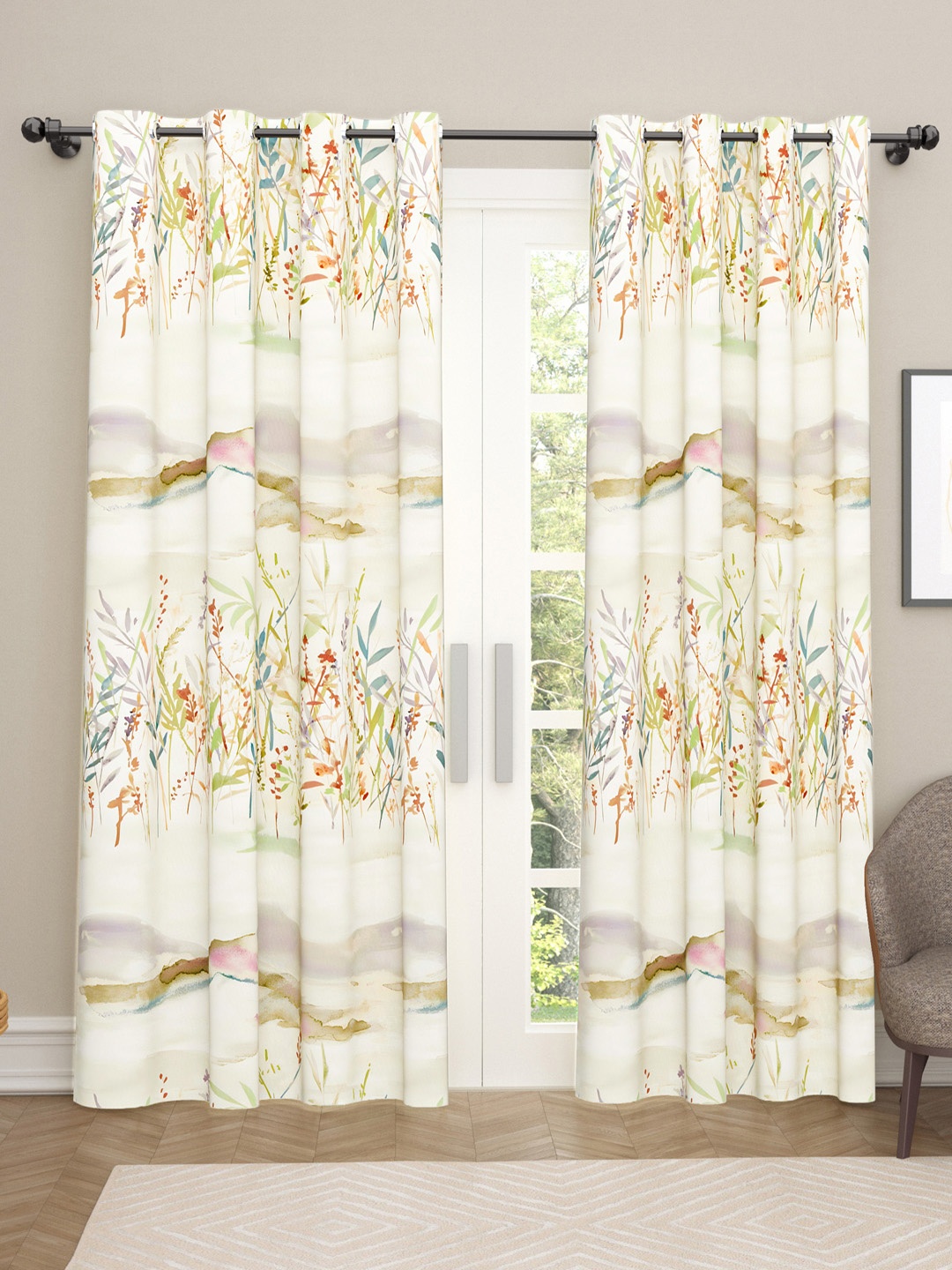 

haus & kinder Off White & Brown 2 Pieces Floral Printed Satin Room Darkening Door Curtains