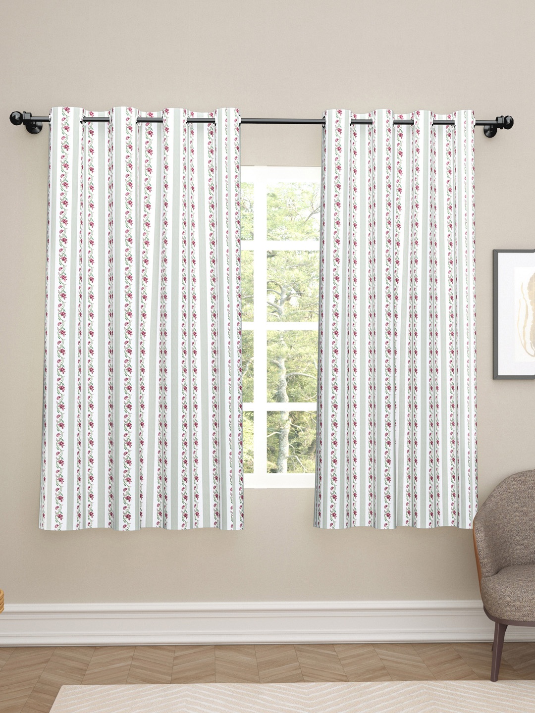 

haus & kinder White & Pink 2 Pieces Printed Pure Cotton Room Darkening Window Curtains