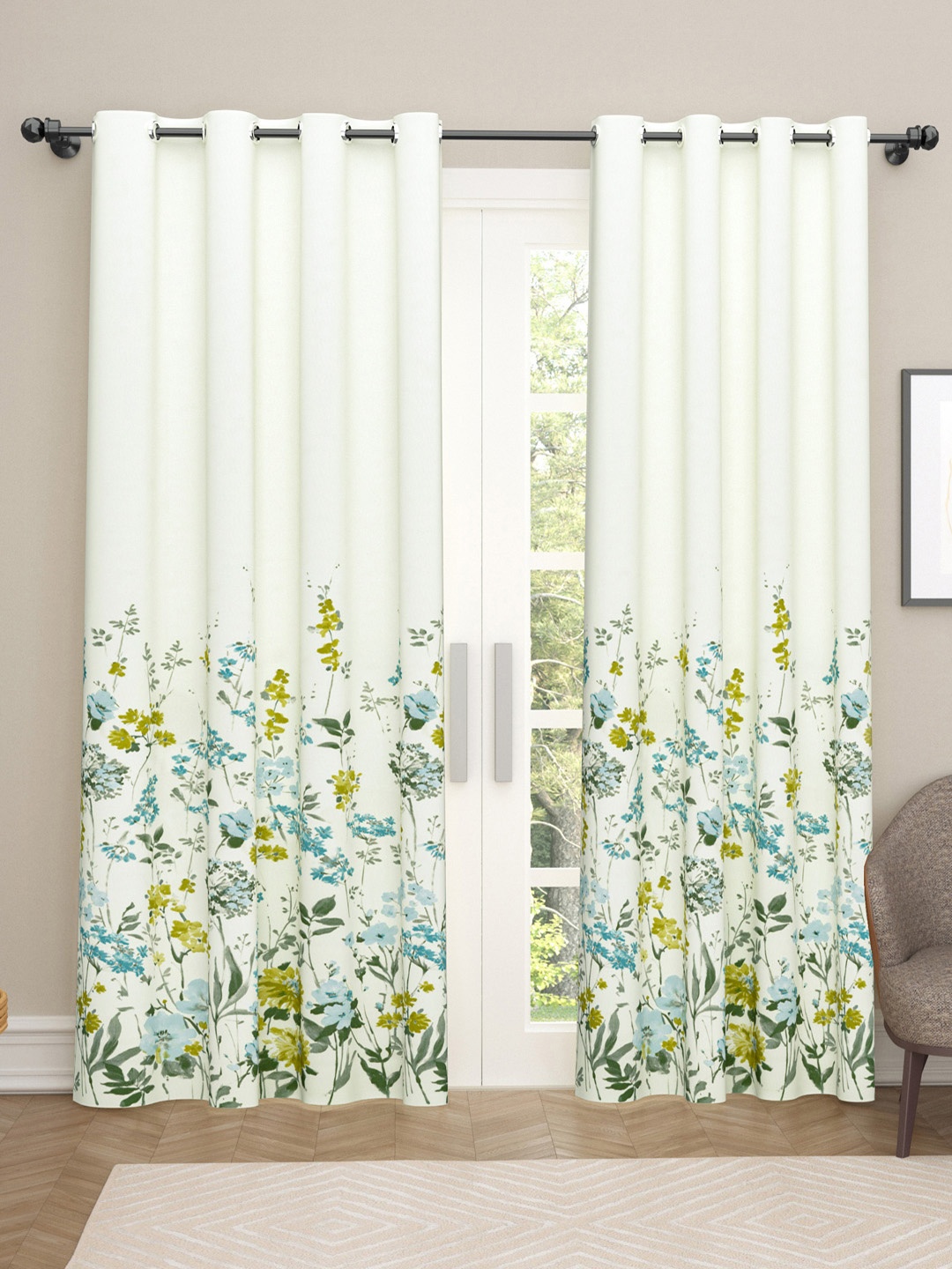 

haus & kinder White & Blue 2 Pieces Floral Printed Satin Room Darkening Long Door Curtains