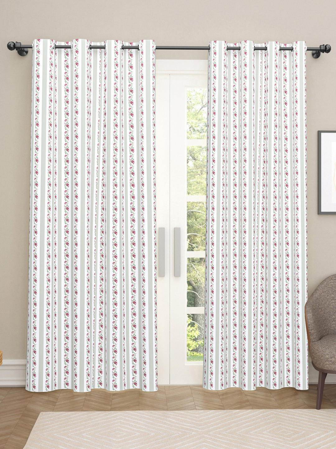 

haus & kinder Moon Shine White 2 Pieces Floral Cotton Room Darkening Long Door Curtains