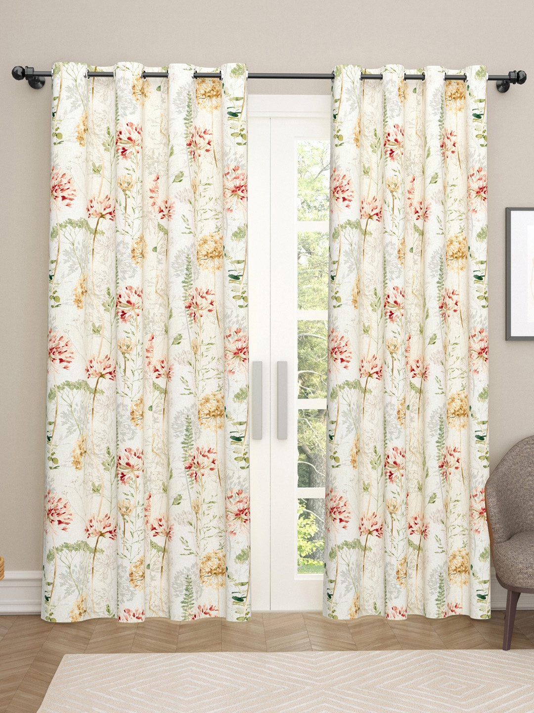 

haus & kinder Off White & Green 2 Pieces Satin Floral Black Out Door Curtains