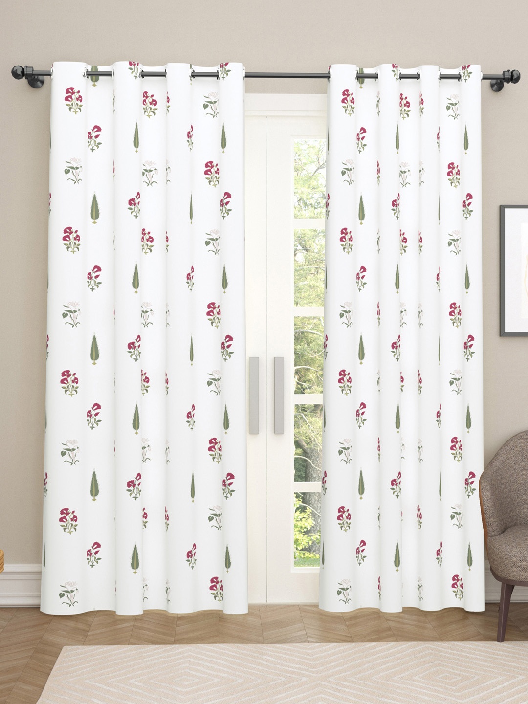 

haus & kinder White & Pink 2 Pieces Floral Room Darkening Pure Cotton Long Door Curtain