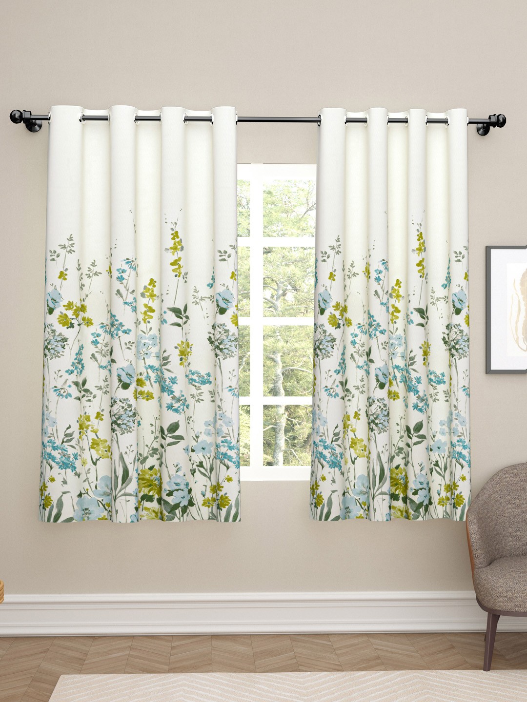 

haus & kinder Blue & Green 2 Pieces Satin Black Out Window Curtains