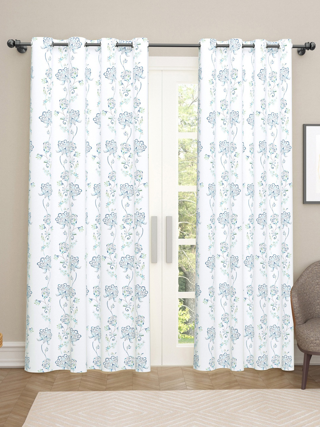 

haus & kinder Cobalt Magic White 2 Pieces Pure Cotton Floral Room Darkening Door Curtains