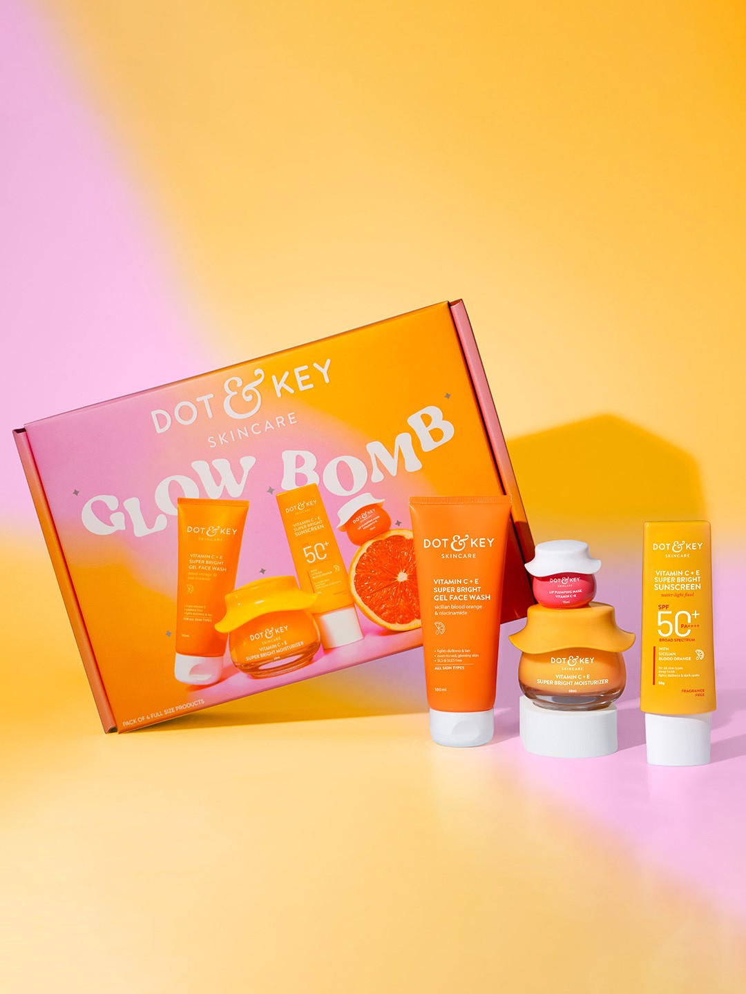 

DOT & KEY Glow Boosters Skin Care Gift Set-Face Wash+Sunscreen+Moisturizer+Lip Mask, Orange