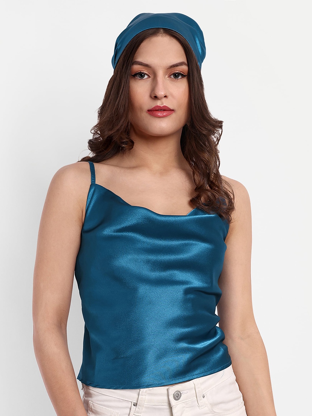 

ESSQUE Shoulder Straps Cowl Neck Satin Top with Matching Hairband, Teal