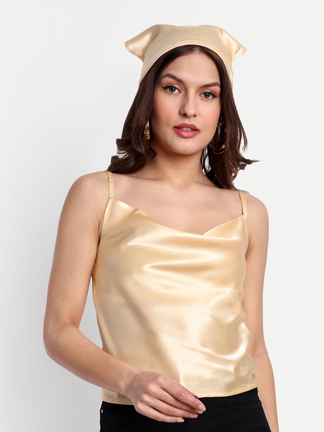 

ESSQUE Shoulder Straps Cowl Neck Satin Top with Matching Hairband, Beige