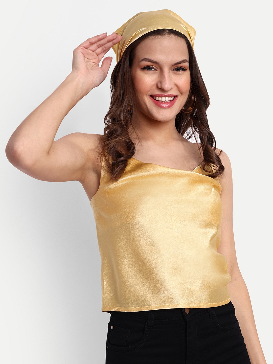 

ESSQUE Shoulder Straps Cowl Neck Satin Top with Matching Hairband, Gold