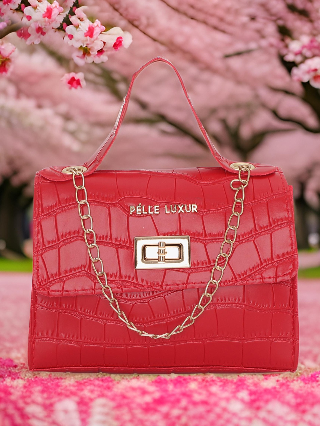 

PELLE LUXUR Textured Structured Satchel Bag, Red