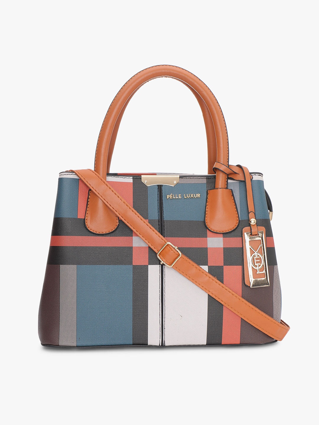 

PELLE LUXUR Striped Structured Buckle Detail Handheld Bag, Blue
