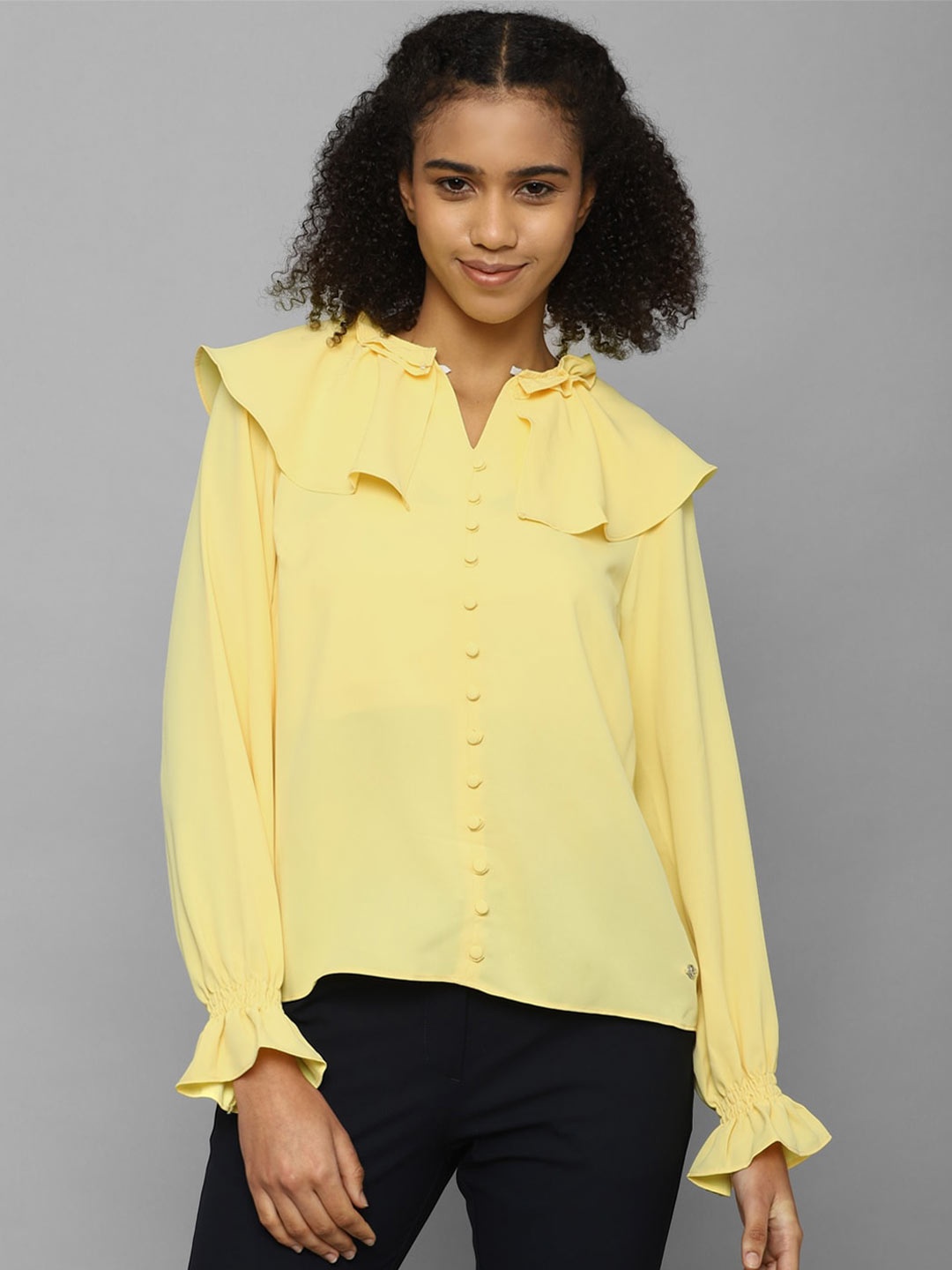 

Allen Solly Woman V-Neck Puff Sleeves Ruffled Regular Top, Yellow