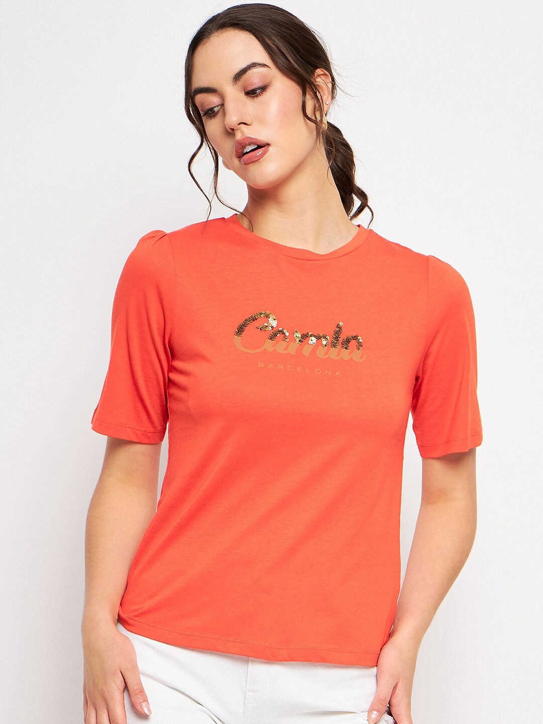 

CAMLA Typography Printed Puff Sleeve Sequined Pure Cotton Top, Orange