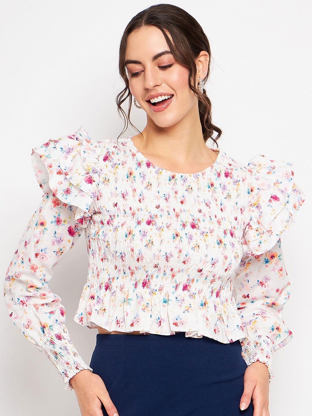 

CAMLA Floral Printed Ruffles Regular Top, White