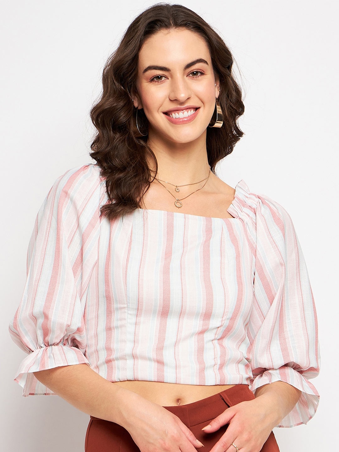 

CAMLA Striped Puff Sleeves Regular Crop Top, Pink