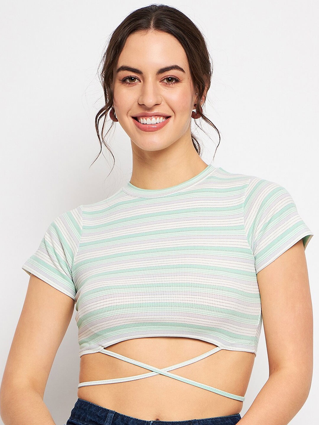 

CAMLA Striped Cut-Outs Details Fitted Crop Top, Green