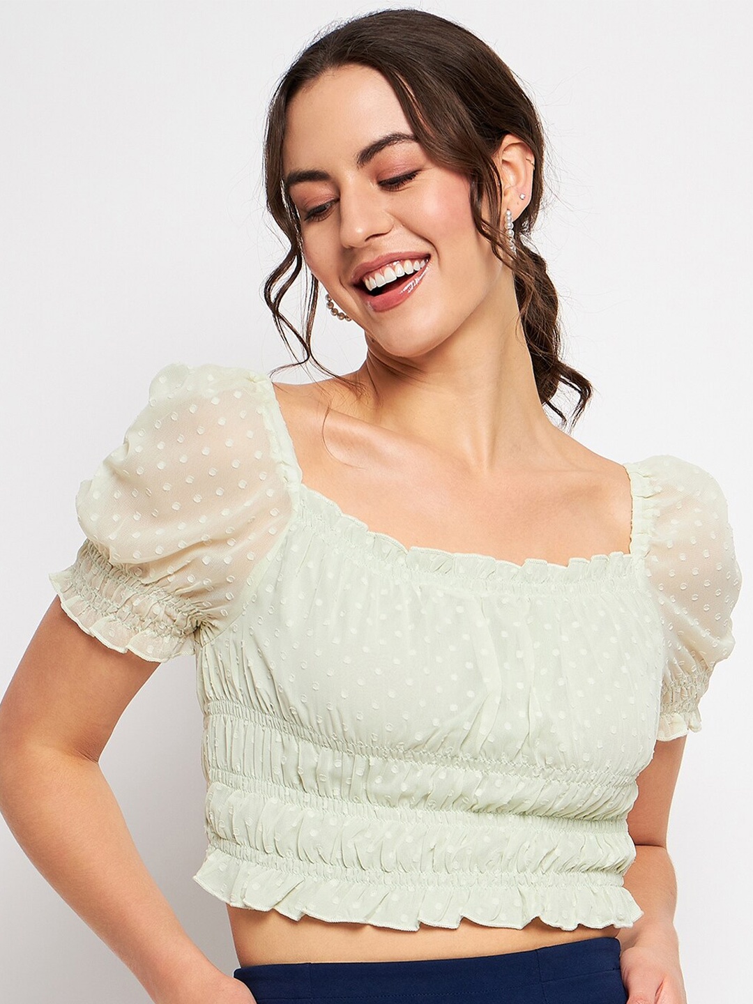 

CAMLA Polka Dots Printed Puff Sleeves Fitted Crop Top, Green