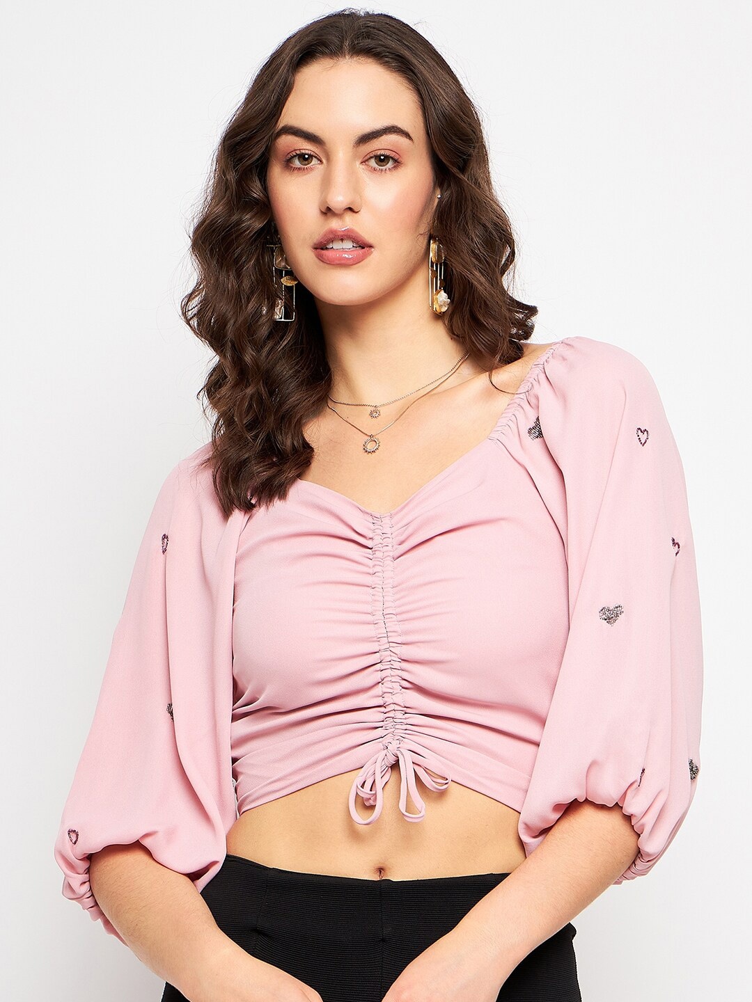 

CAMLA Puff Sleeves Regular Crop Top, Peach