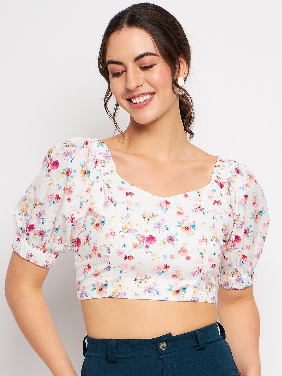 

CAMLA Floral Printed Puff Sleeves Fitted Crop Top, White