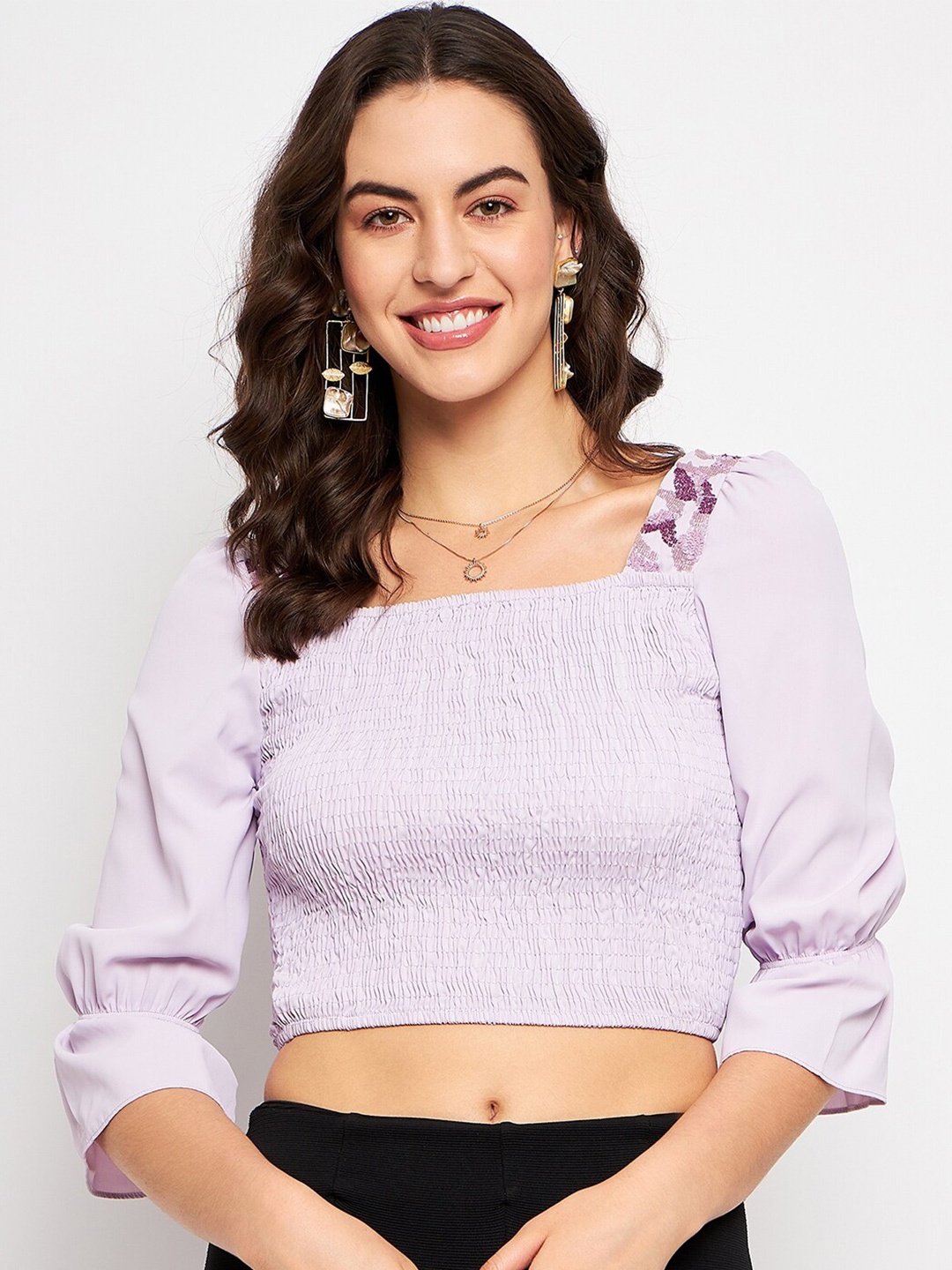 

CAMLA Puff Sleeves Regular Crop Top, Purple