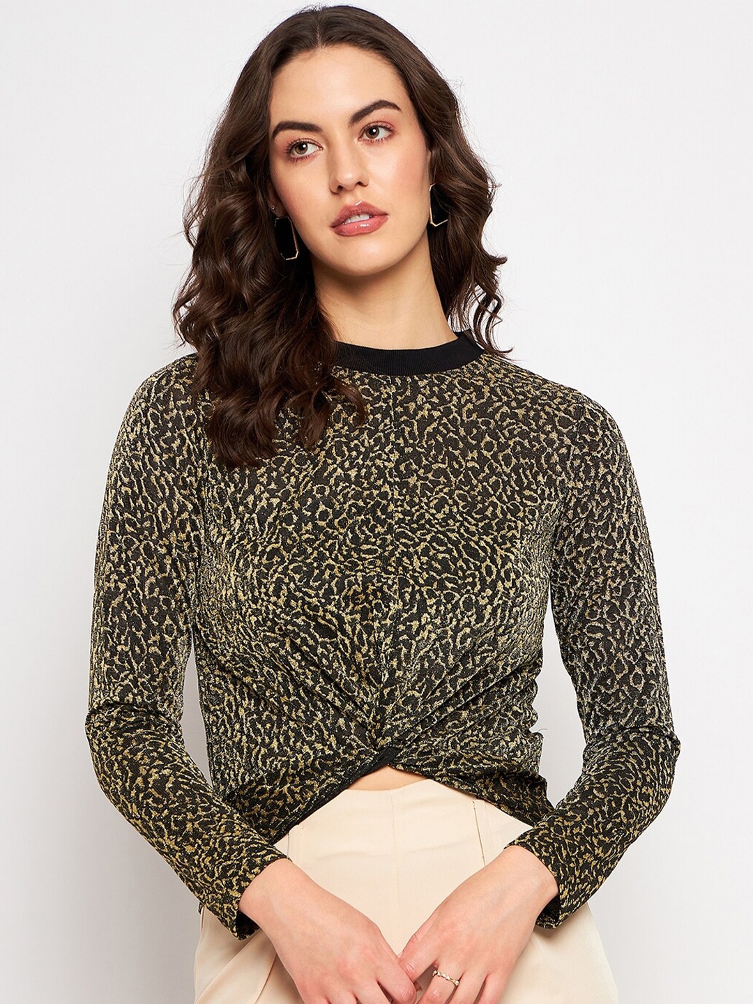

CAMLA Animal Print High Neck Twisted Regular Top, Black