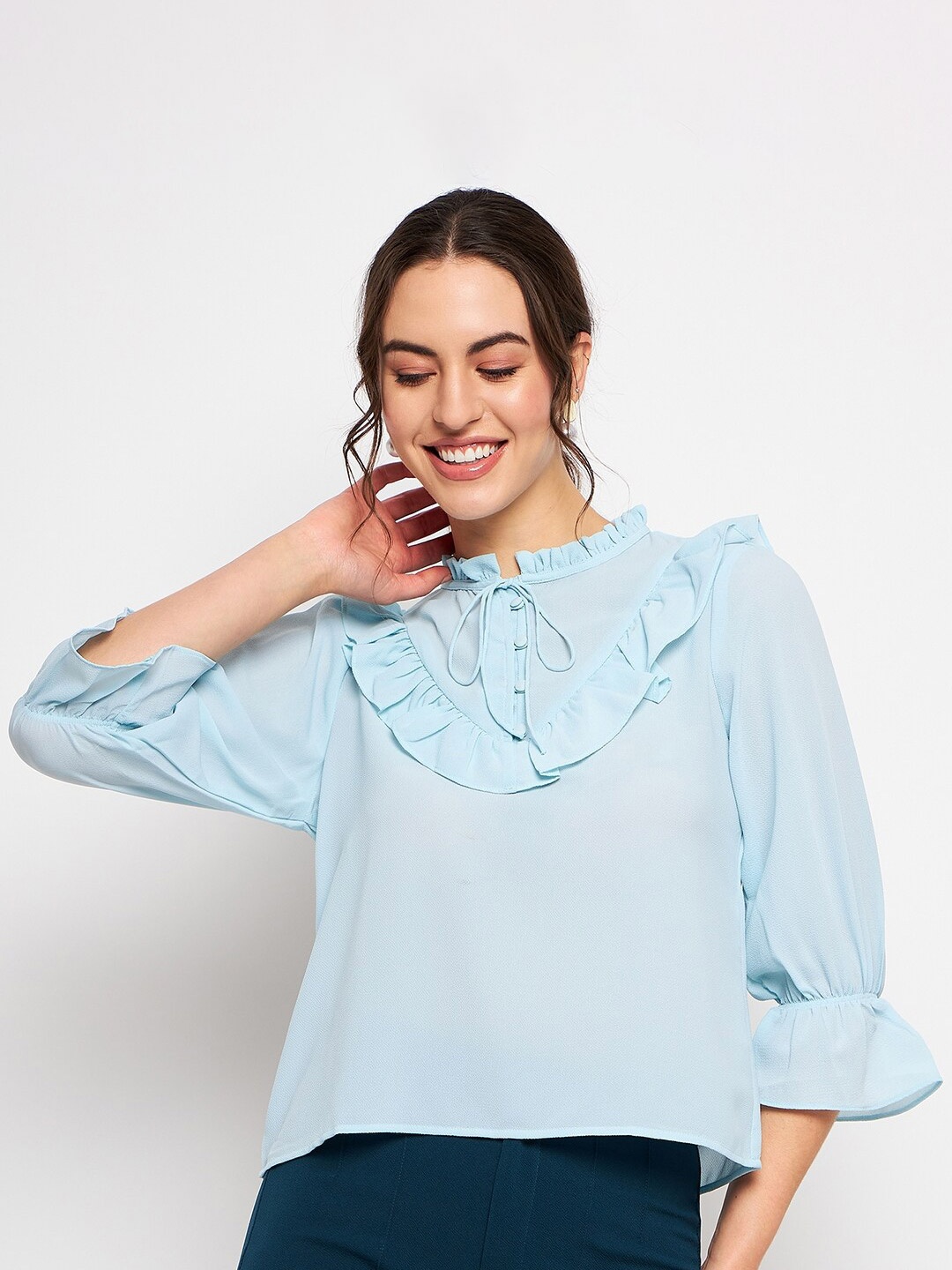 

CAMLA Tie-Up Neck Puff Sleeve Ruffled Regular top, Blue