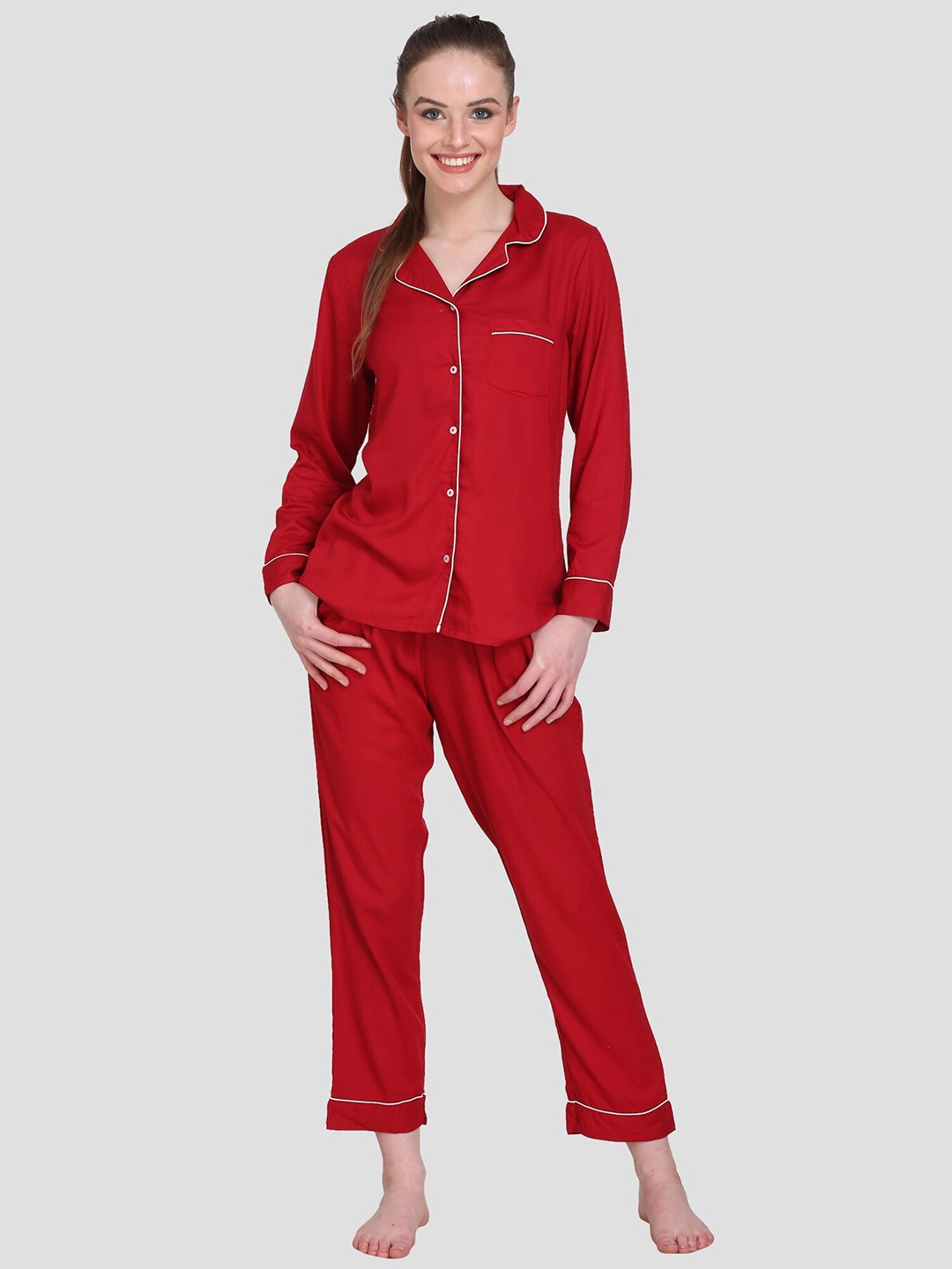 

HERE&NOW Maroon & White Lapel Collar Night suit