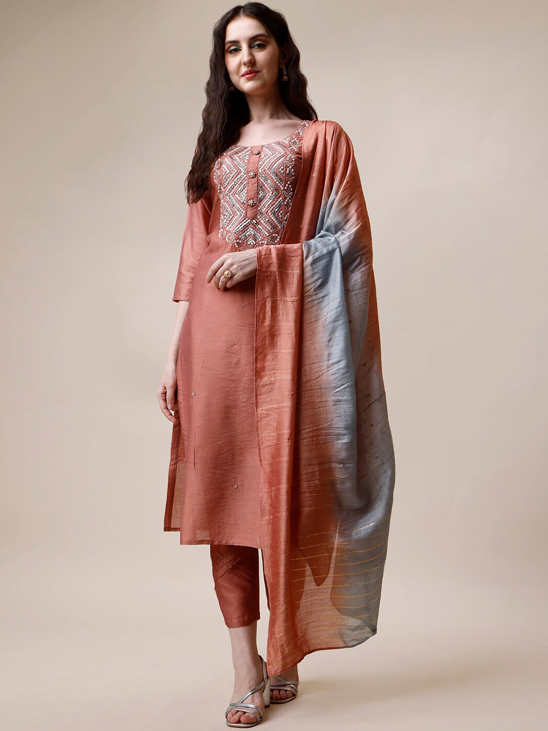 

Berrylicious Ethnic Motifs Sequinned Embroidered Regular Kurta With Trousers & Dupatta, Pink