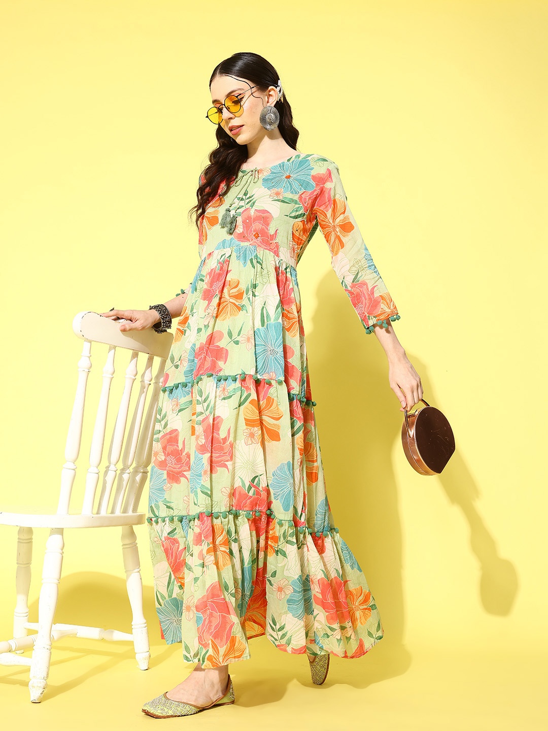 

Varanga Floral Printed Tie-Up Neck Maxi Dress, Sea green