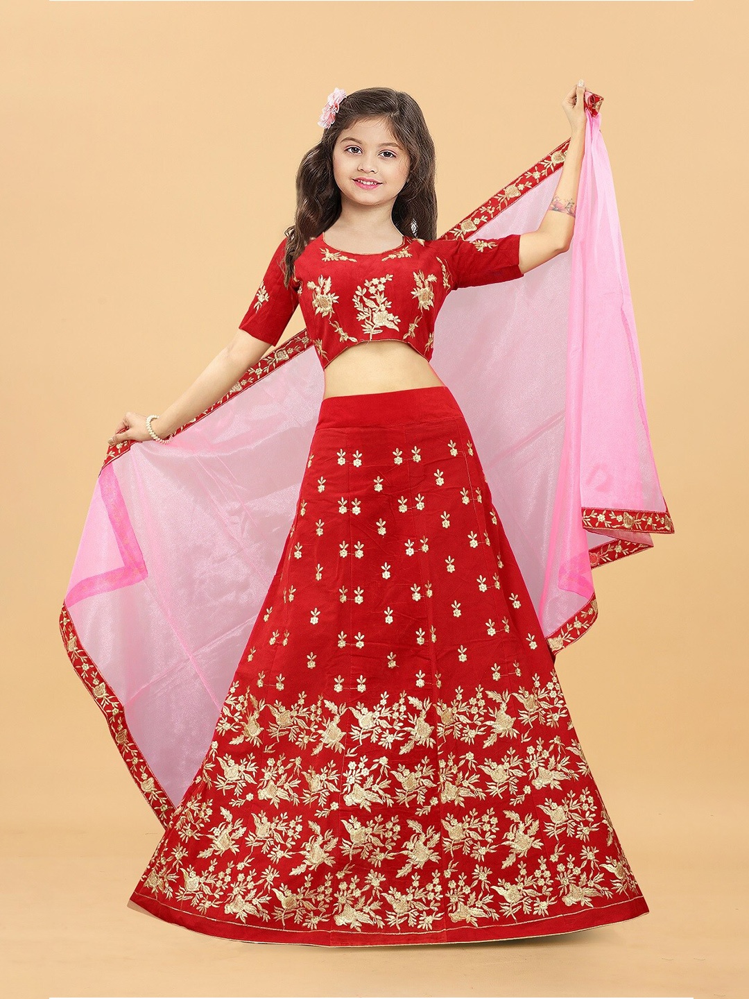 

APNISHA Girls Embroidered Semi-Stitched Lehenga & Unstitched Blouse With Dupatta, Red