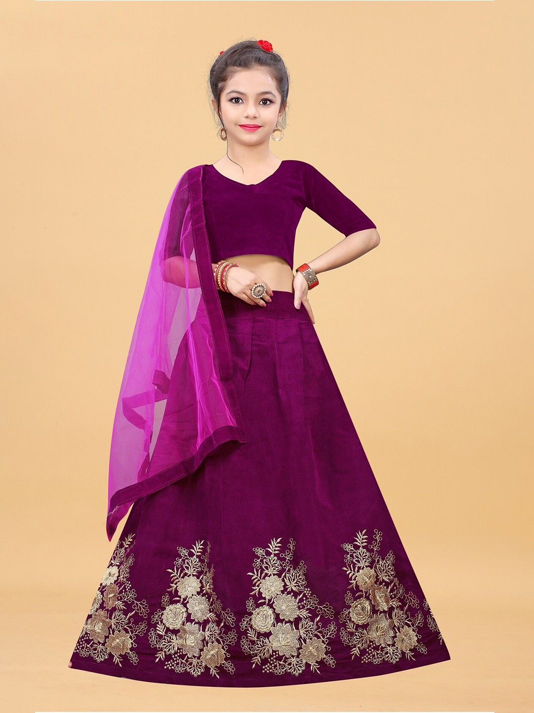 

APNISHA Girls Embroidered Semi-Stitched Lehenga & Unstitched Blouse With Dupatta, Purple