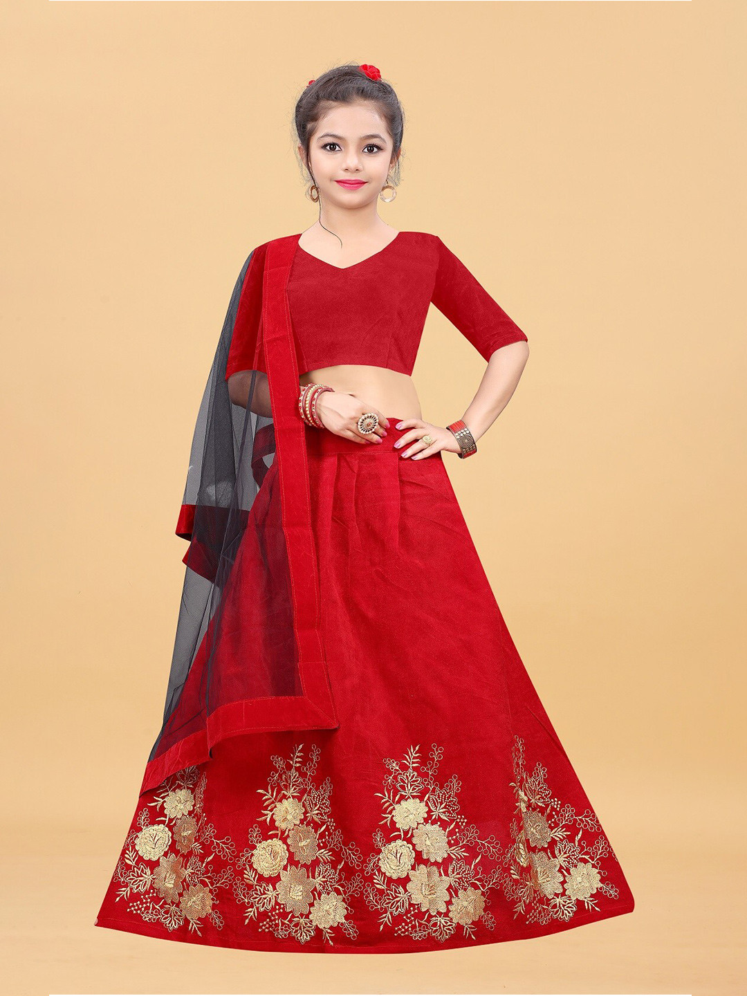 

APNISHA Girls Semi-Stitched Lehenga & Unstitched Blouse With Dupatta, Red