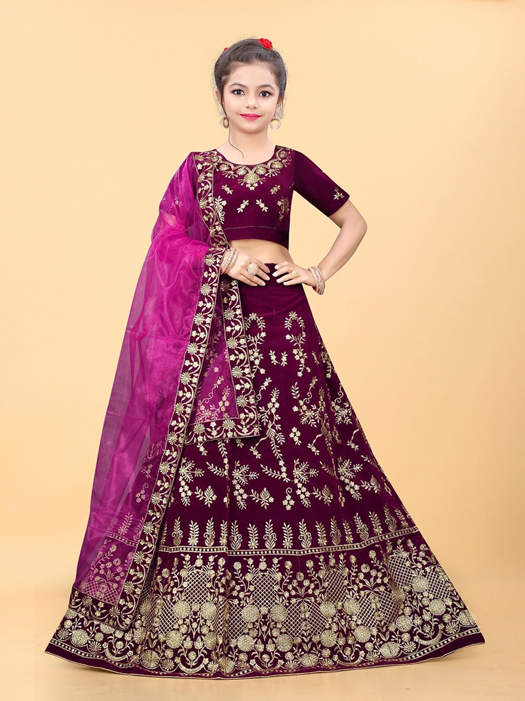 

APNISHA Girls Embroidered Semi-Stitched Lehenga & Unstitched Blouse With Dupatta, Purple