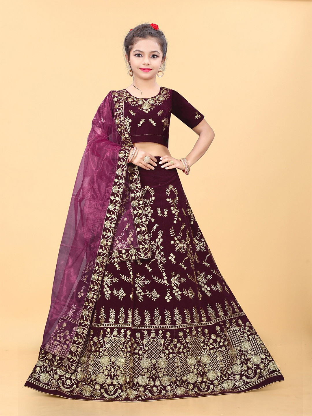 

APNISHA Girls Embroidered Thread Work Semi-Stitched Lehenga & Unstitched Blouse With, Maroon