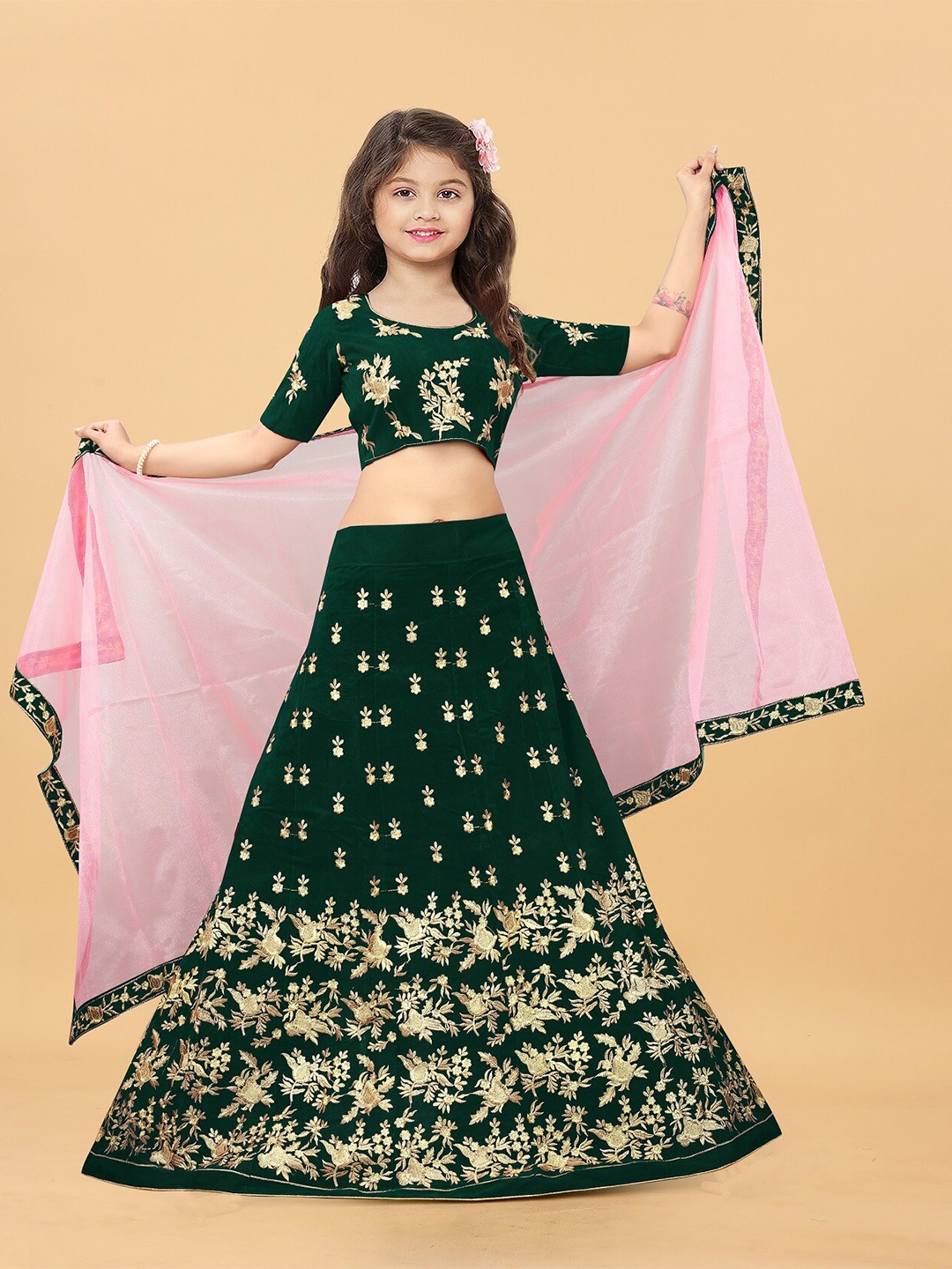 

APNISHA Girls Embroidered Semi-Stitched Lehenga & Unstitched Blouse With Dupatta, Green