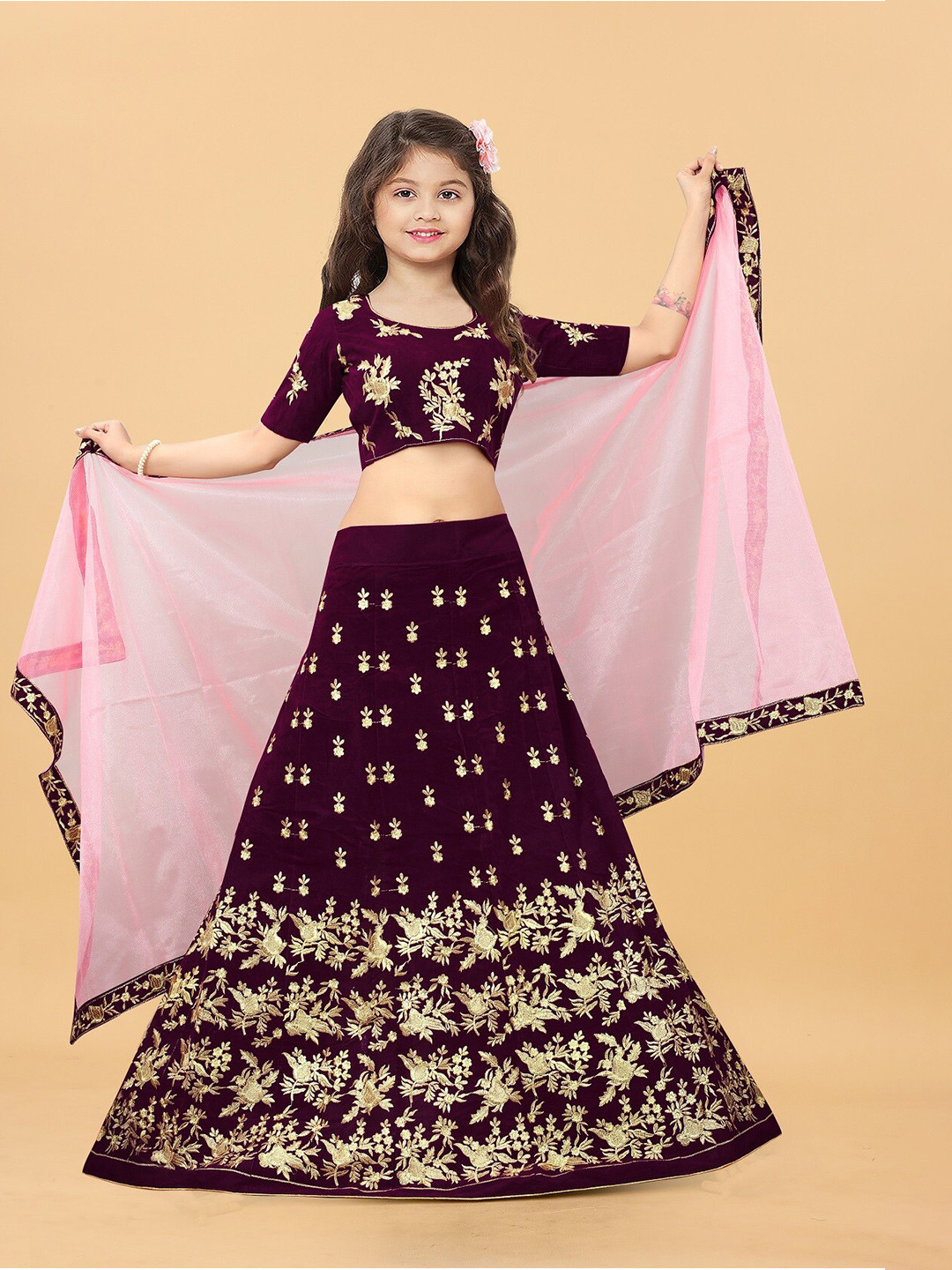 

APNISHA Girls Embroidered Semi-Stitched Lehenga & Unstitched Blouse With Dupatta, Maroon