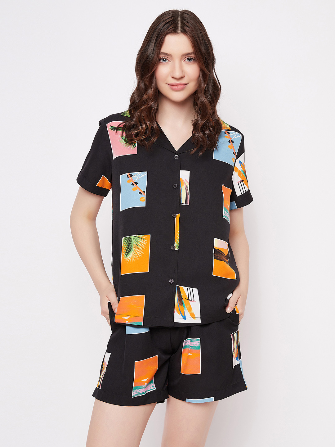 

Clovia 3 Pcs Black & Orange Geometric Printed Night Suit With Camisole