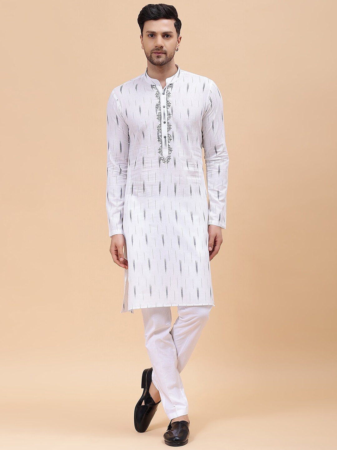 

See Designs Ikath Printed Thread Work Pure Cotton Kurta With Pyjamas, White