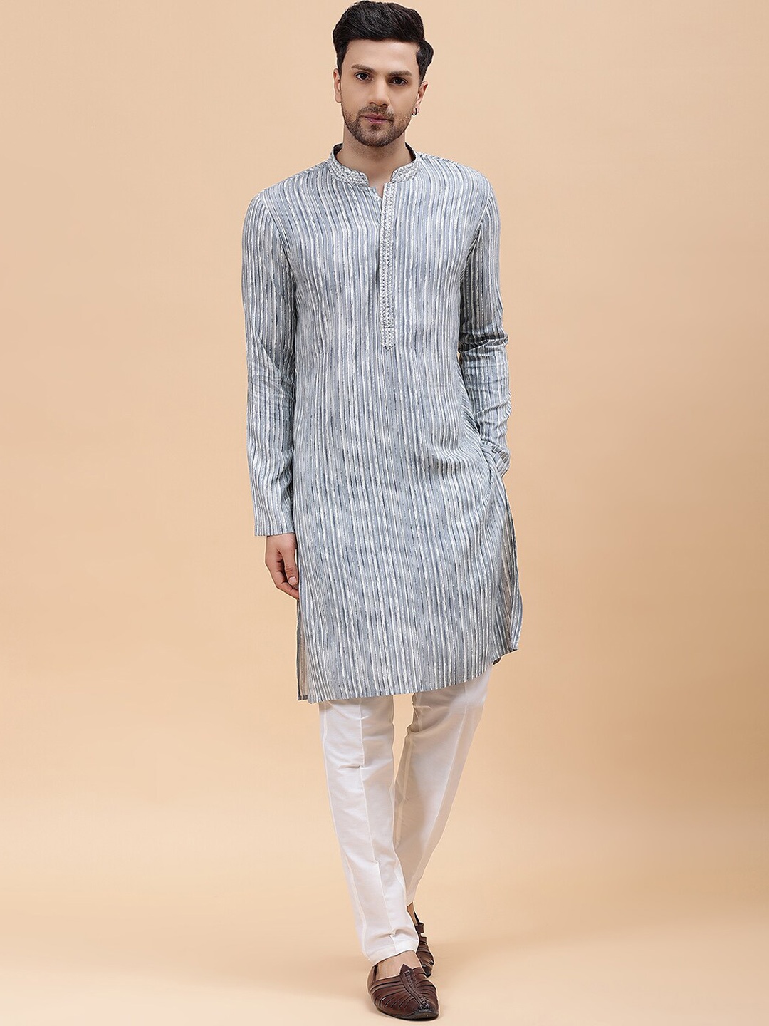 

See Designs Striped Woven Design Pure Cotton Kurta With Pyjamas, Off white