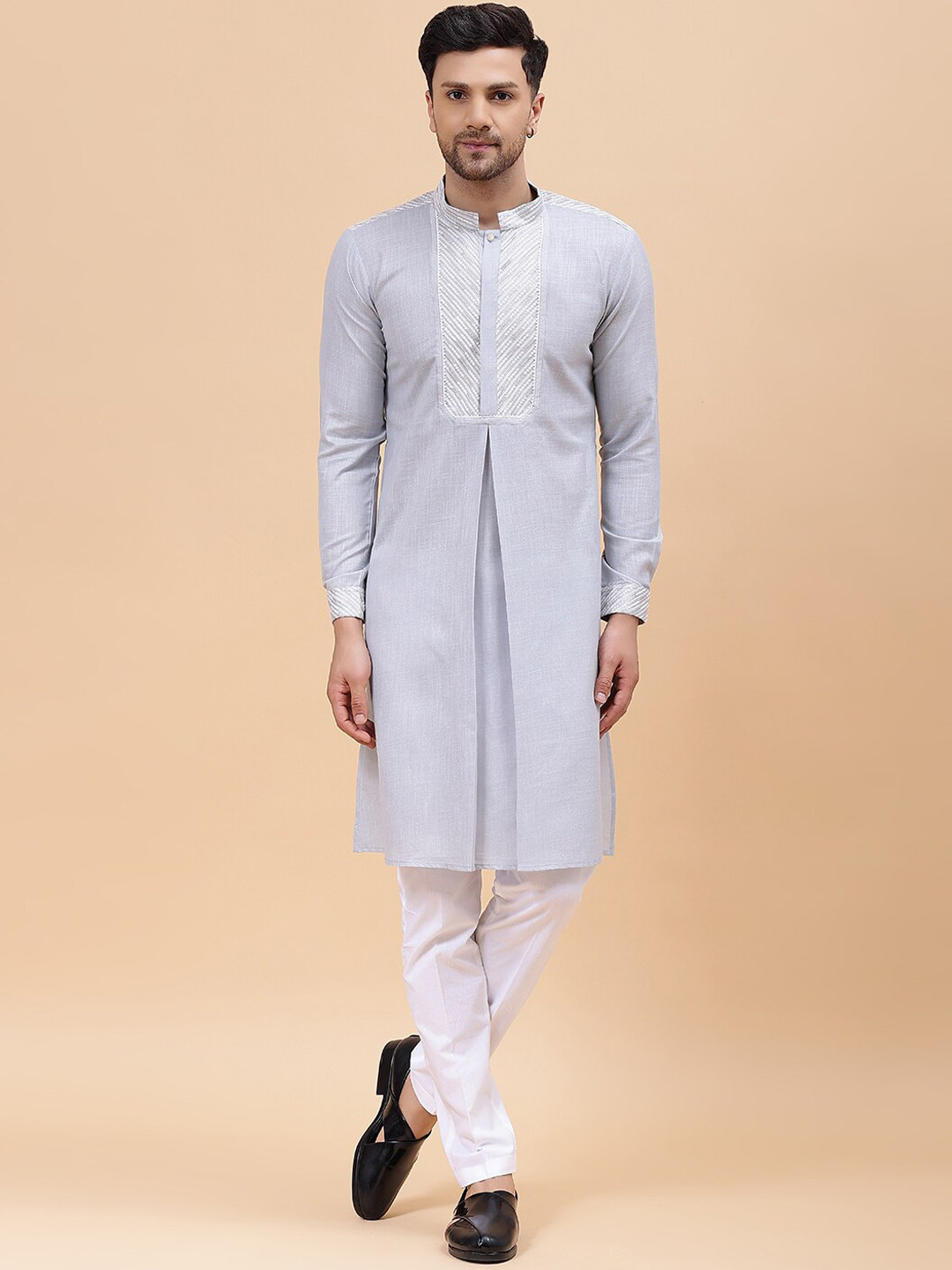 

See Designs Woven Design Mandarin Collar Staright Kurta With Pajama, Grey