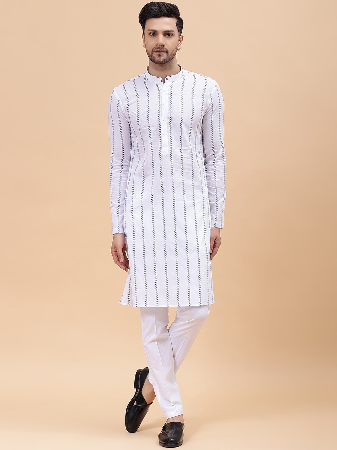 

See Designs Striped Regular Pure Cotton Kurta With Pyjamas, White