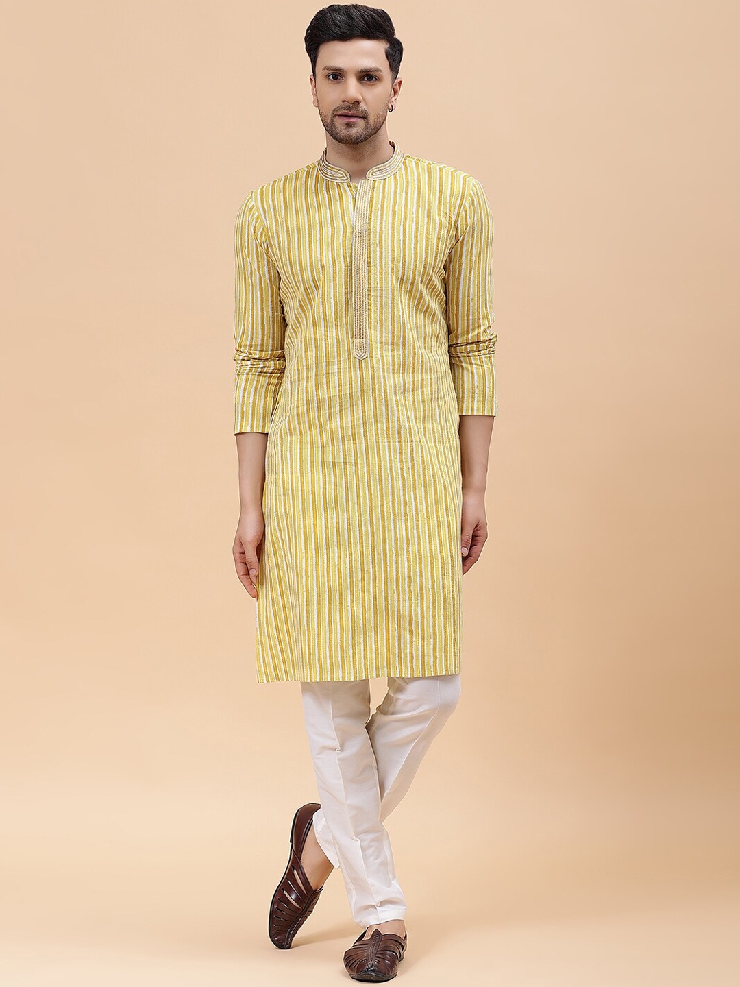 

See Designs Striped Regular Pure Cotton Kurta with Pyjamas, Gold