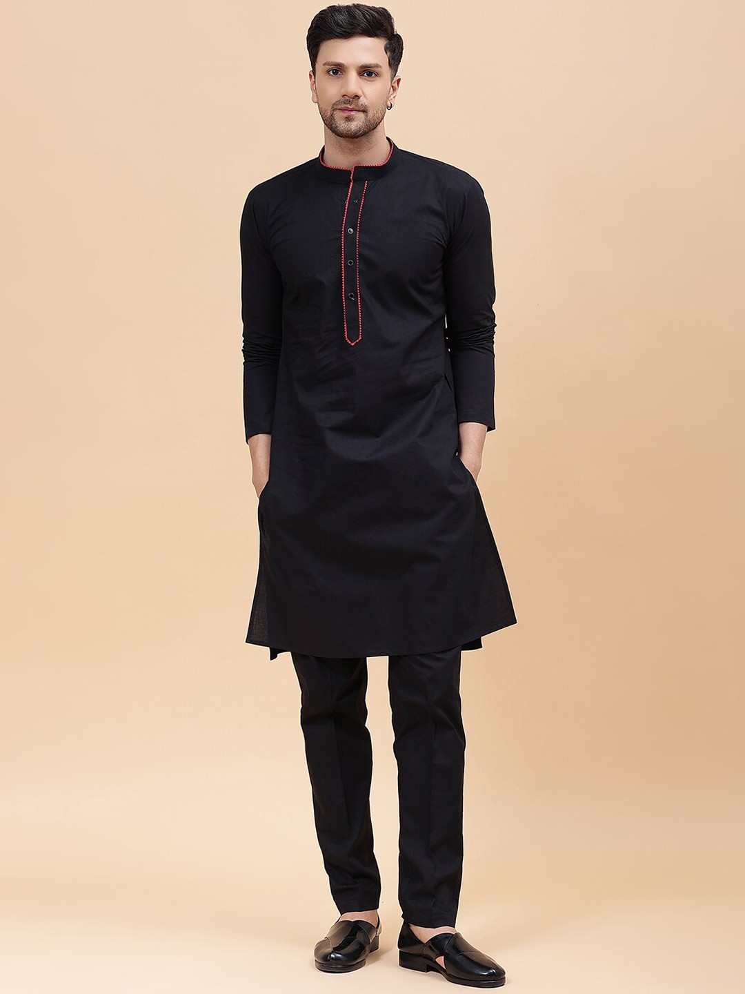 

See Designs Mandarin Collar Regular Pure Cotton Kurta with Pyjamas, Black