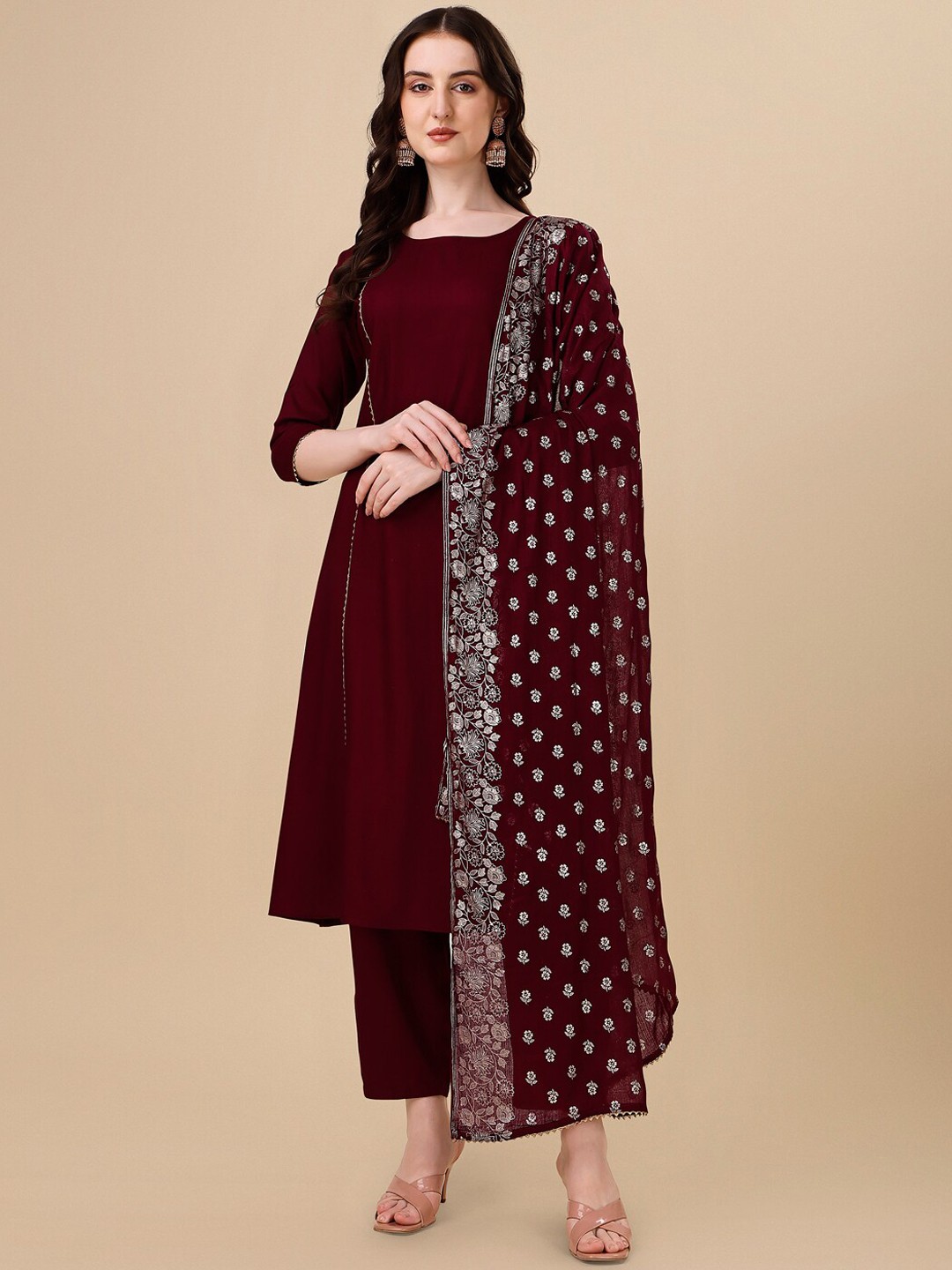 

HERE&NOW Maroon & White Gotta Patti Kurta with Trousers & Dupatta