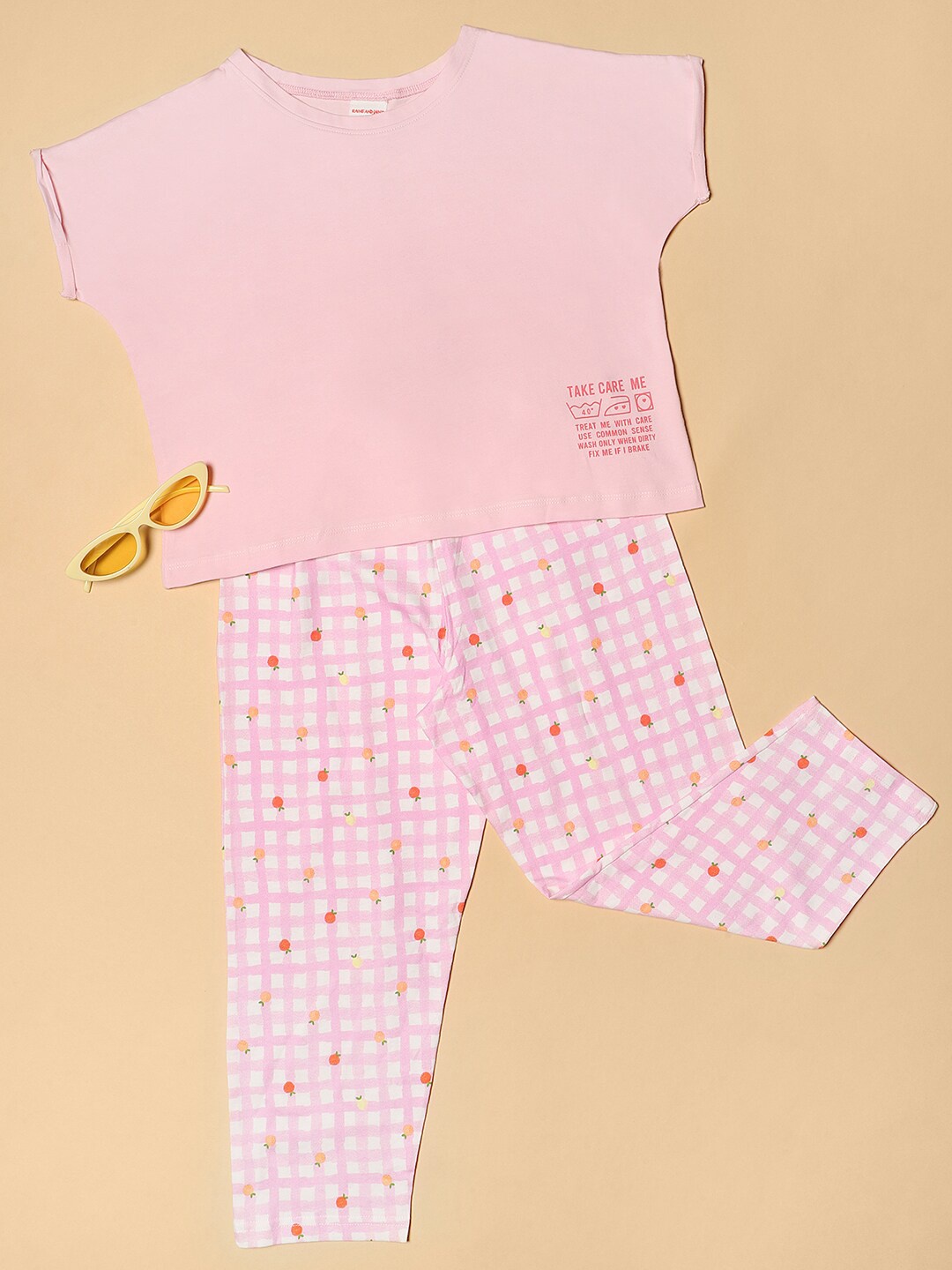 

RAINE AND JAINE Girls Printed Pure Cotton T-shirt With Trousers, Pink