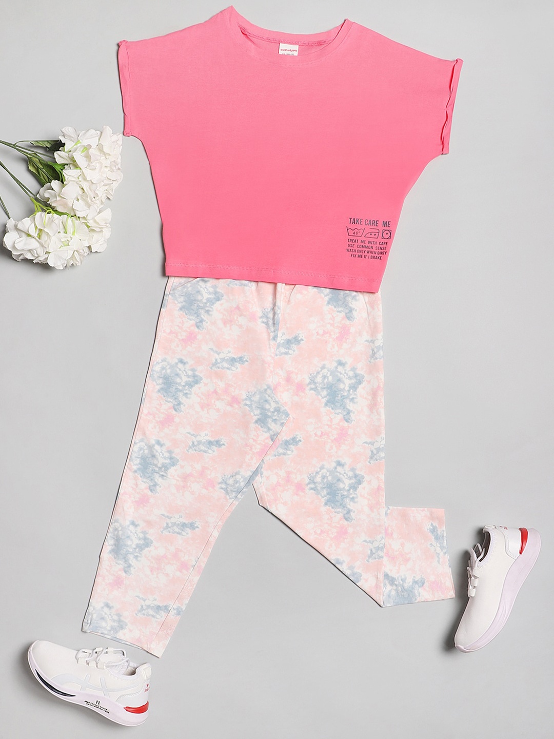 

RAINE AND JAINE Girls Printed Pure Cotton T-shirt With Trousers, Pink