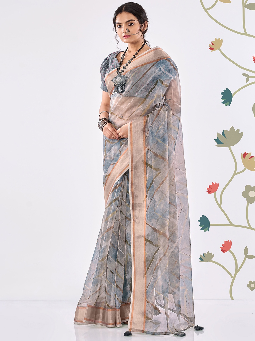 

SHANGRILA Printed Zari Organza Leheriya Saree, Grey