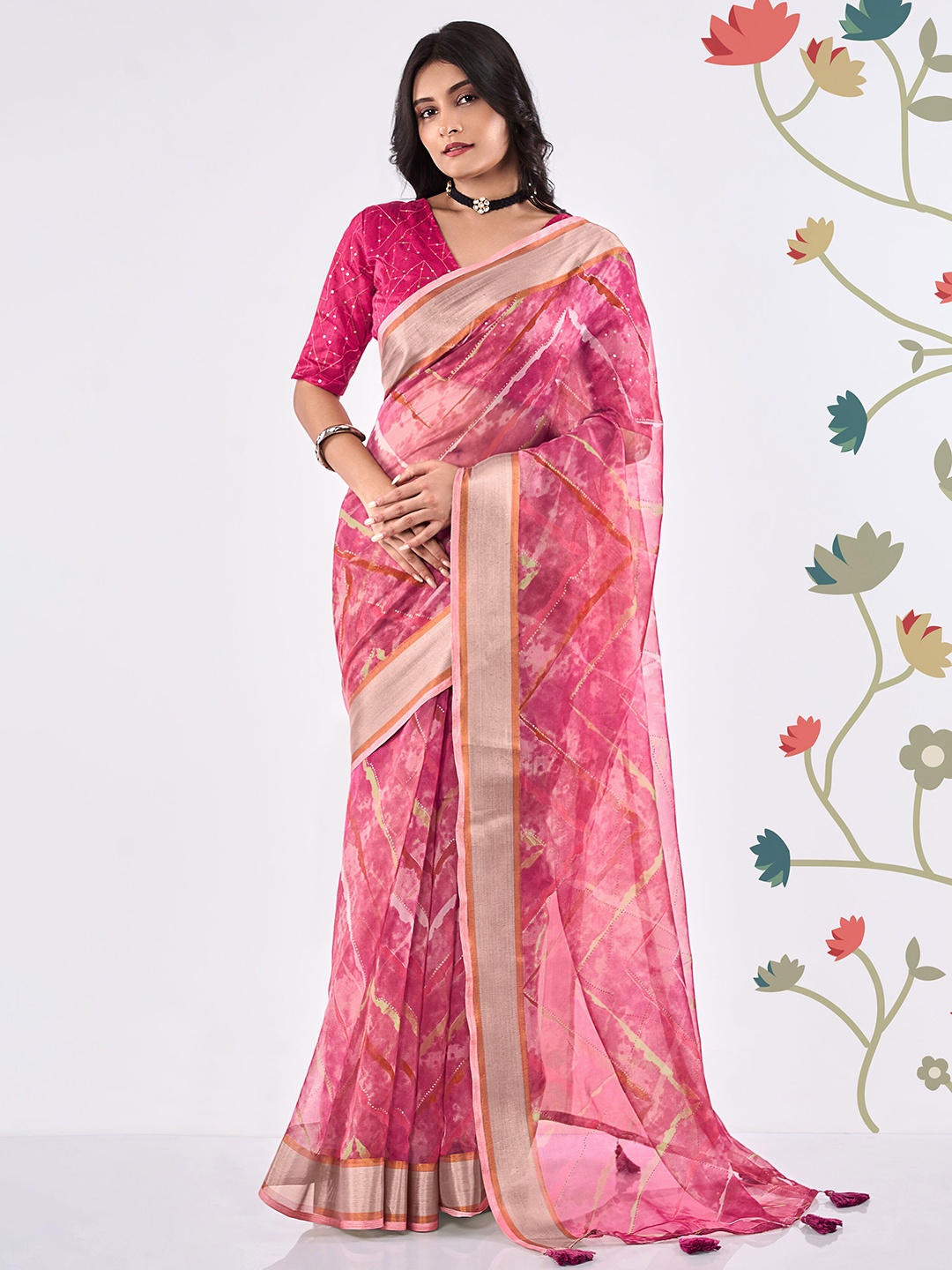 

SHANGRILA Printed Zari Organza Leheriya Saree, Pink