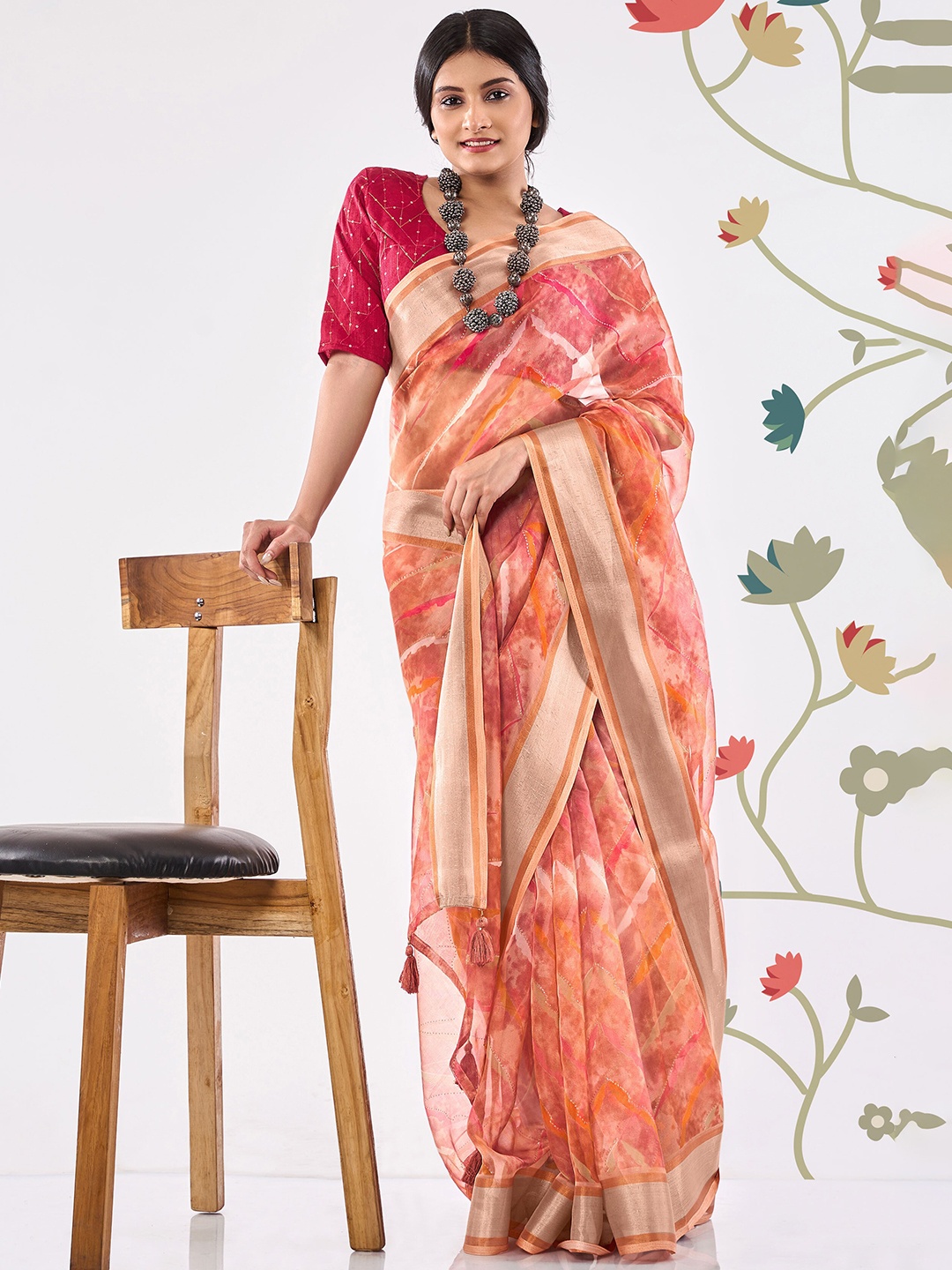 

SHANGRILA Printed Zari Organza Leheriya Saree, Orange